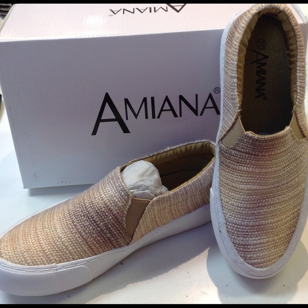 Gold tweed slip on shoes